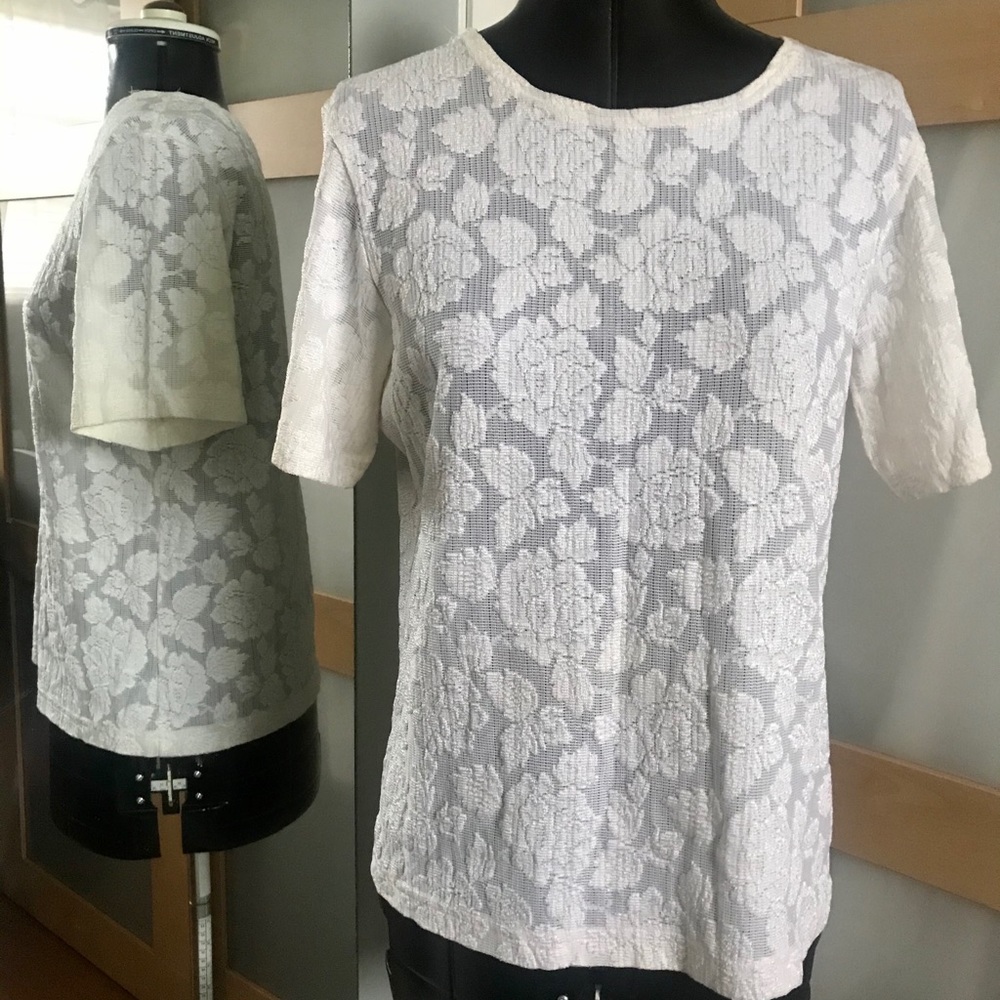 Wht Sheer Floral Stitched Top, L